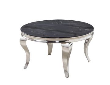 Table Basse BAROQUE Ronde Plateau Verre Trempé Marbré Noir Structure Chrome D80x45cm