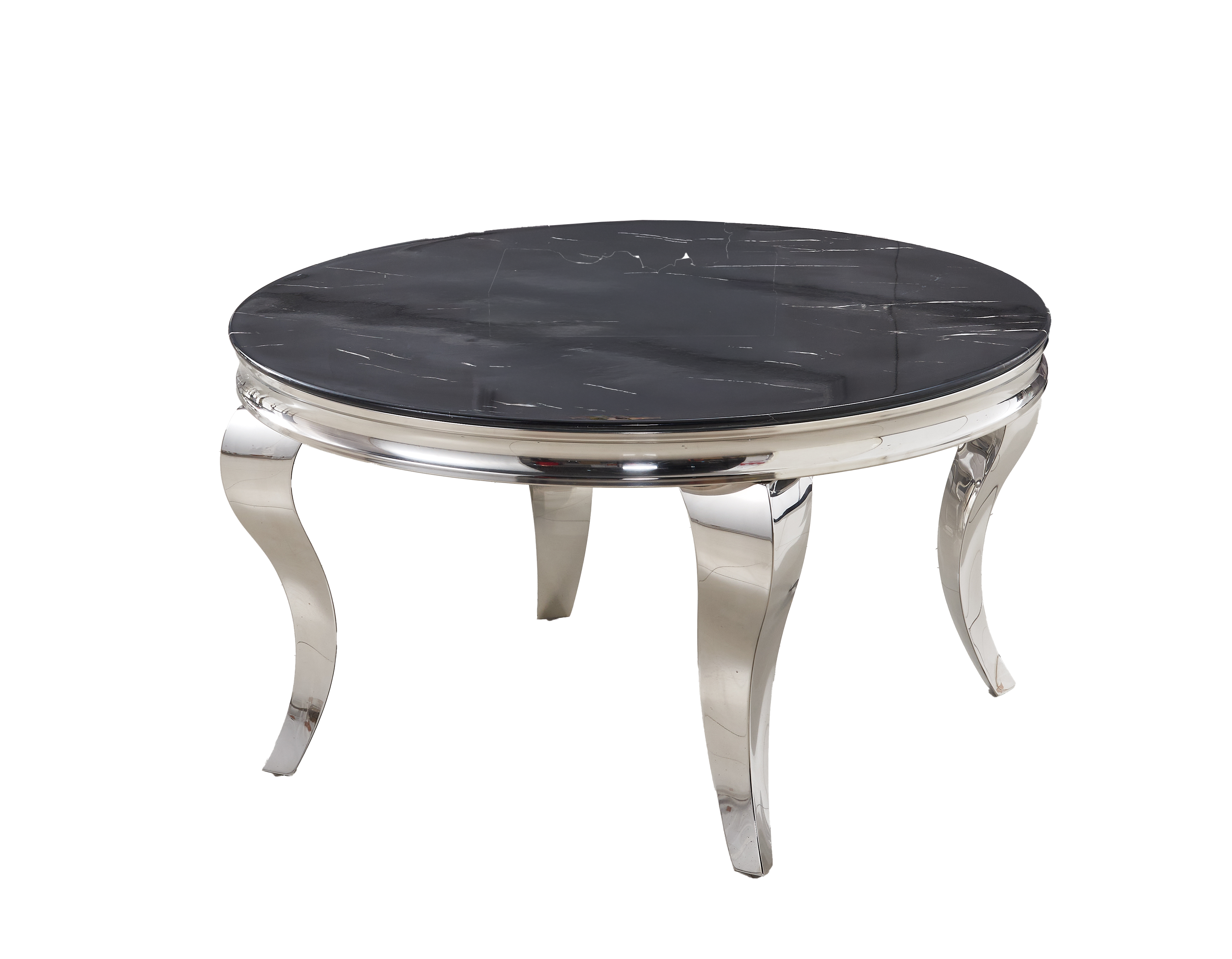 Table Basse BAROQUE Ronde Plateau Verre Trempé Marbré Noir Structure Chrome D80x45cm