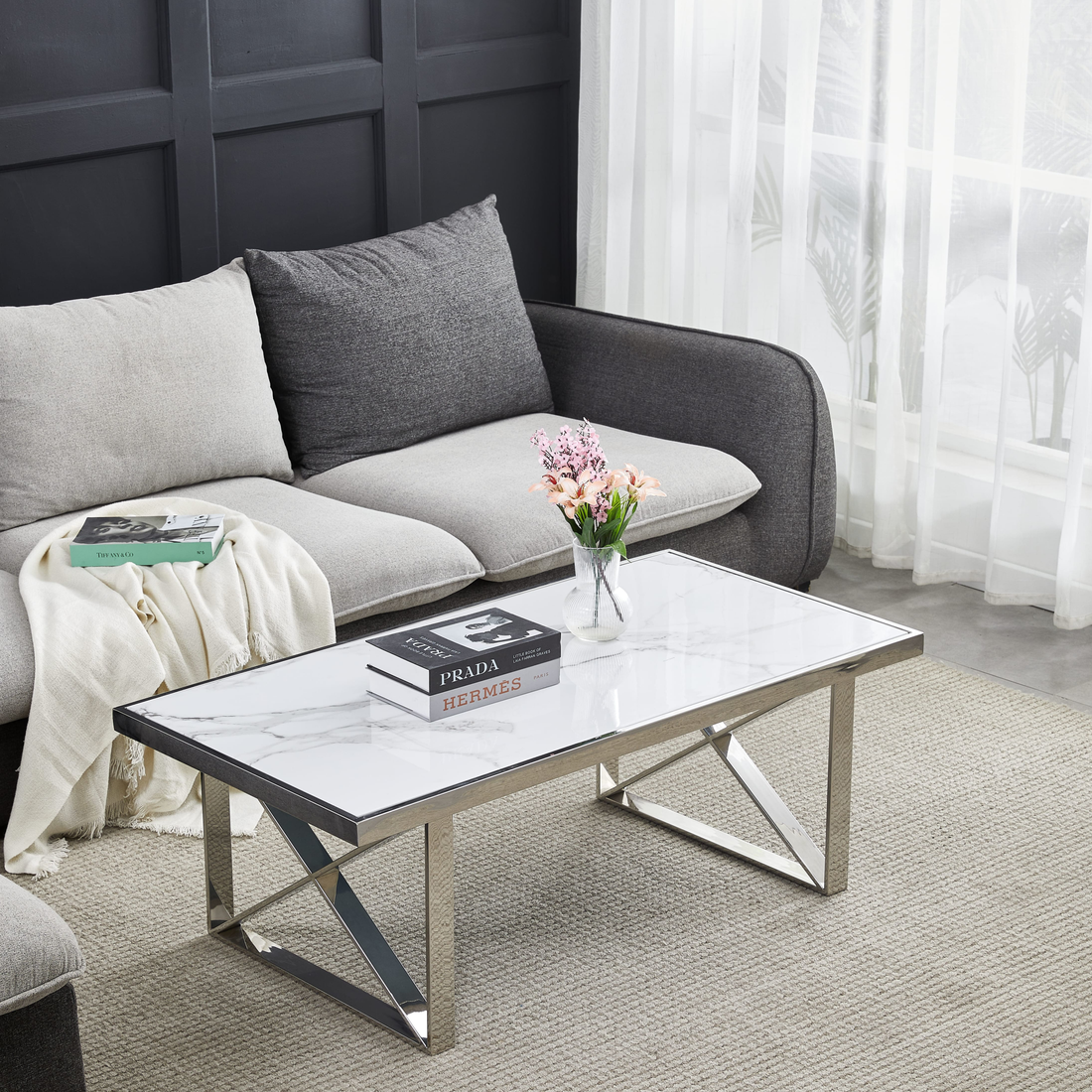 Table basse LEVANTO chrome marbre blanc 120x60x45 cm