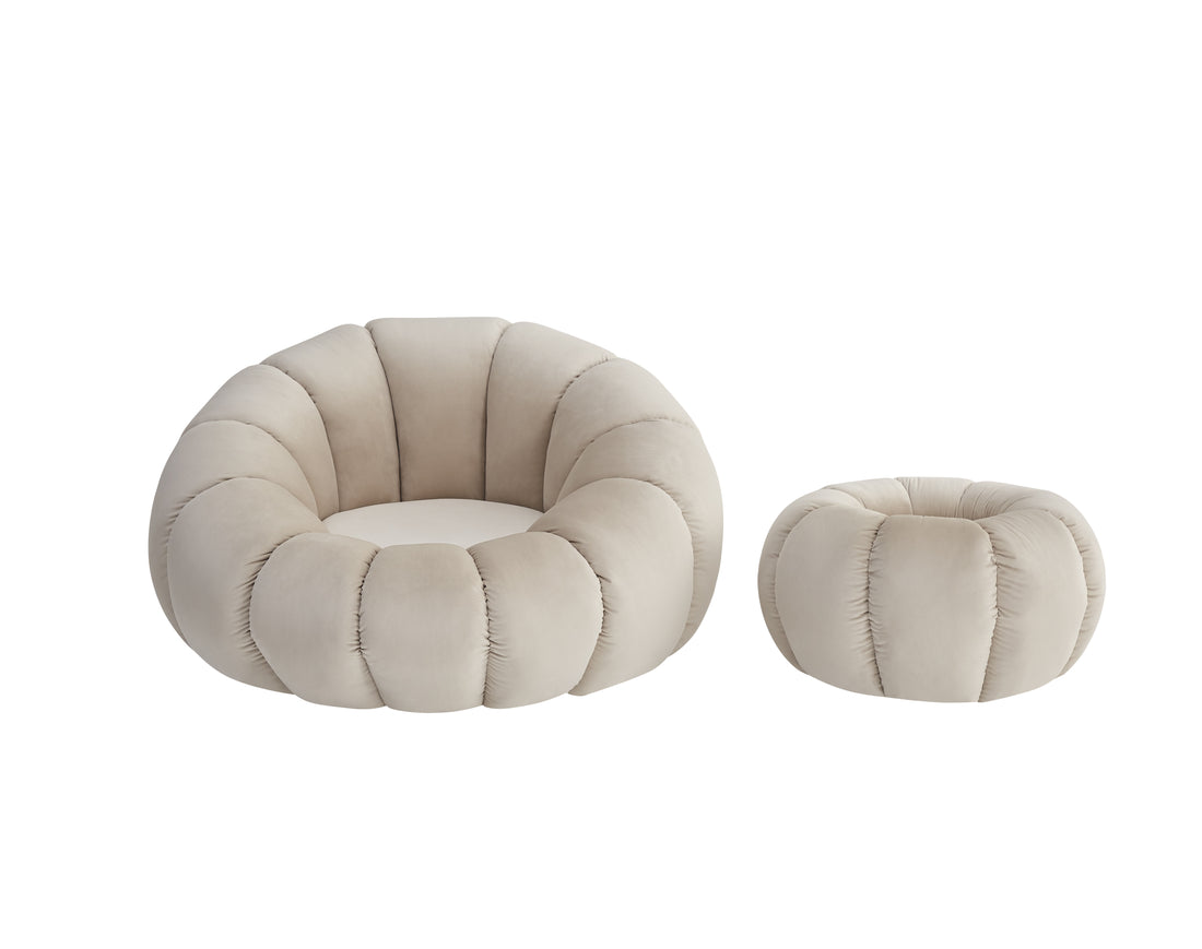 Ensemble fauteuil rond pivotant et pouf velours beige PERLE
