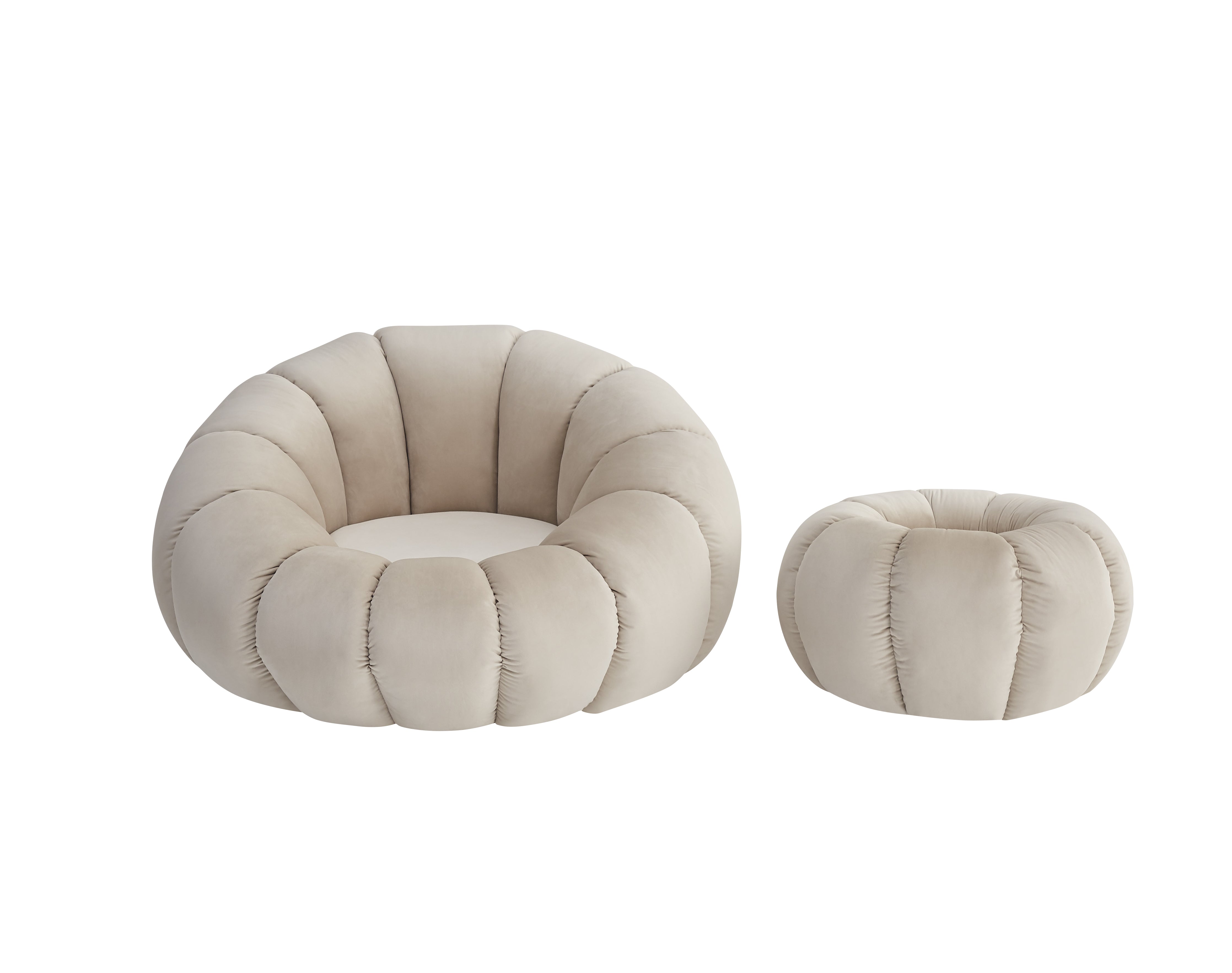 Ensemble fauteuil rond pivotant et pouf velours beige PERLE
