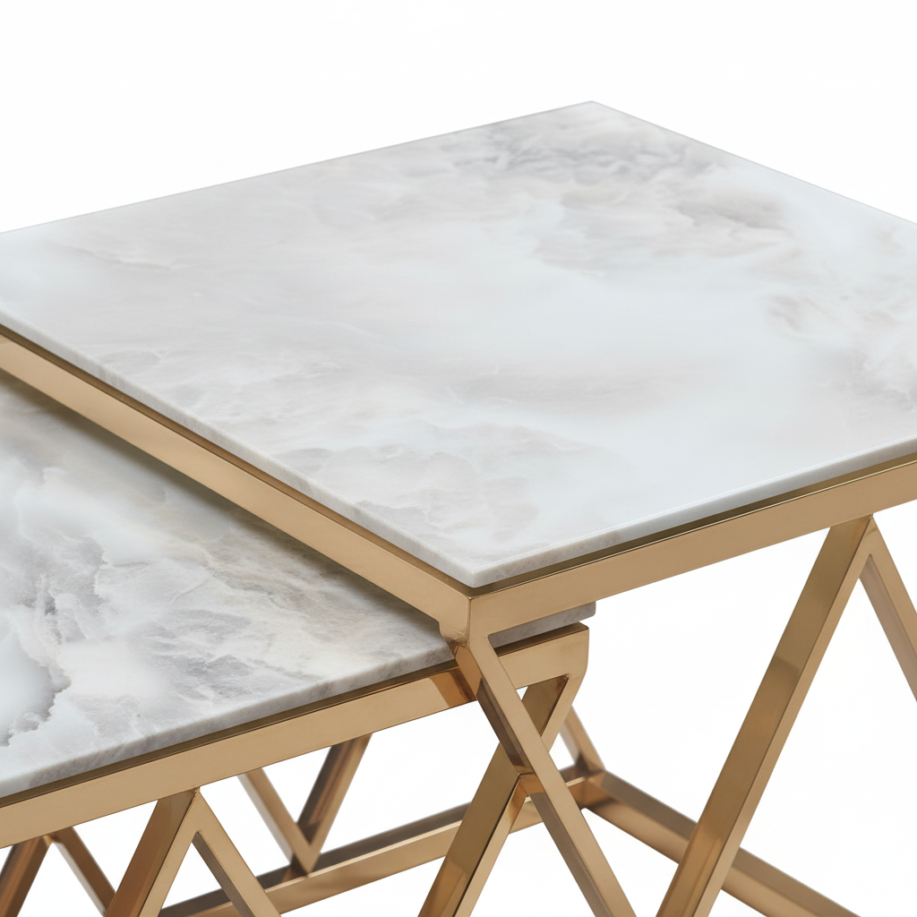 Lot de 3 tables gigognes guéridon marbre blanc métal doré triangles salon POP