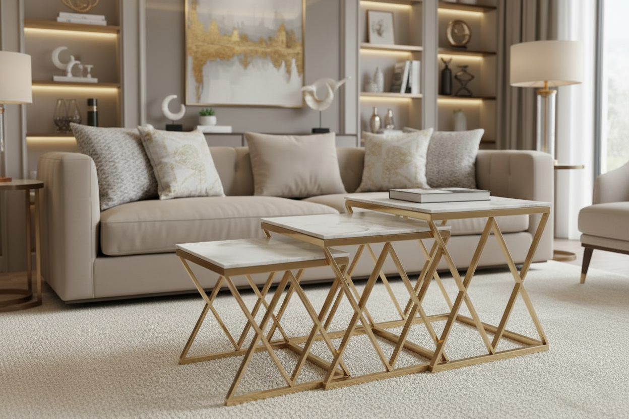 Lot de 3 tables gigognes guéridon marbre blanc métal doré triangles salon POP