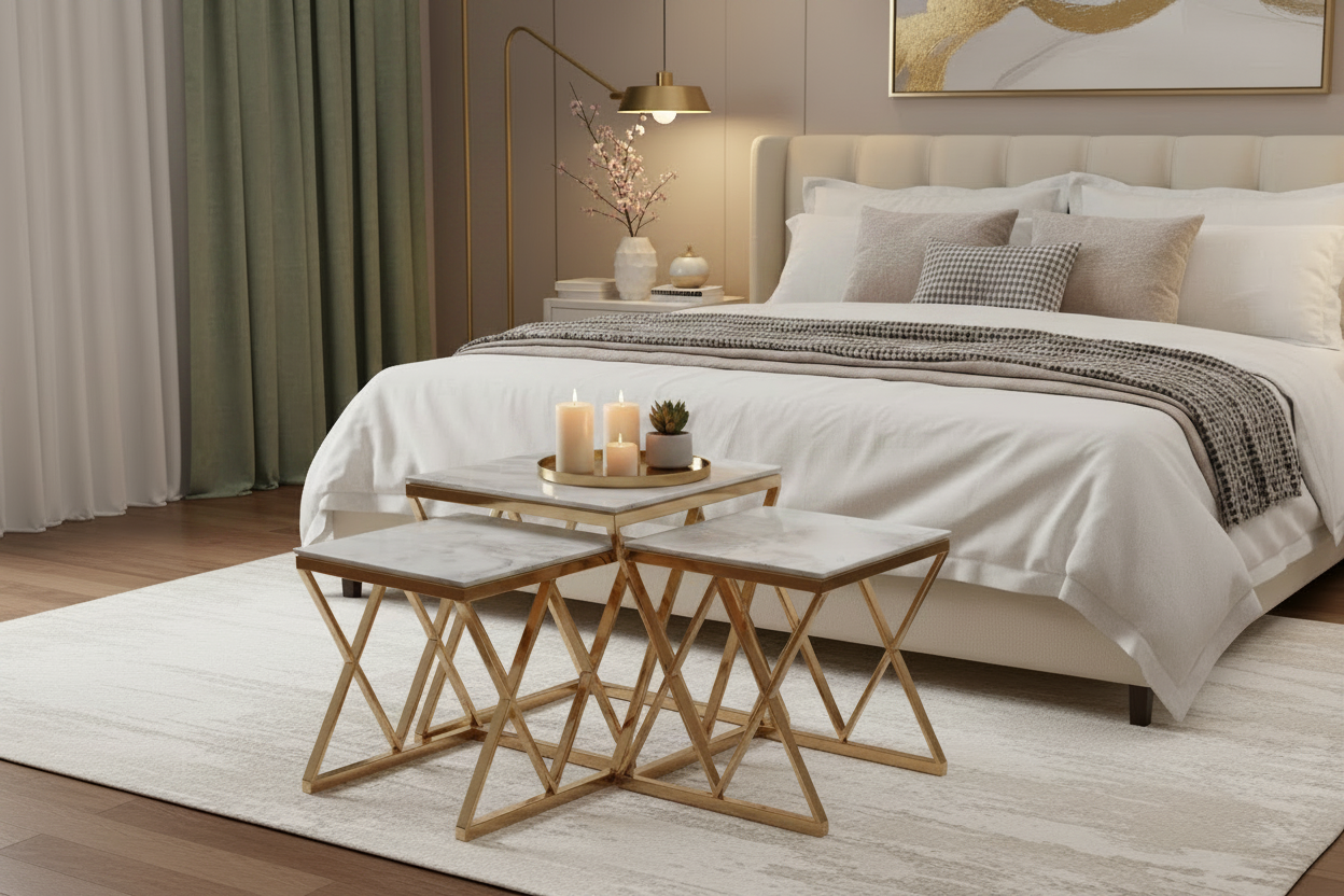Lot de 3 tables gigognes guéridon marbre blanc métal doré triangles salon POP