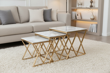 Lot de 3 tables gigognes guéridon marbre blanc métal doré triangles salon POP