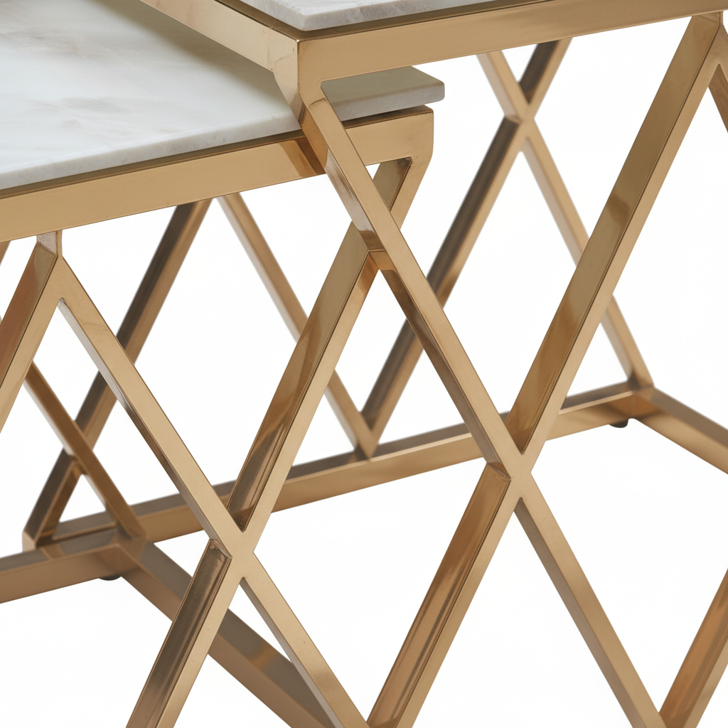 Lot de 3 tables gigognes guéridon marbre blanc métal doré triangles salon POP
