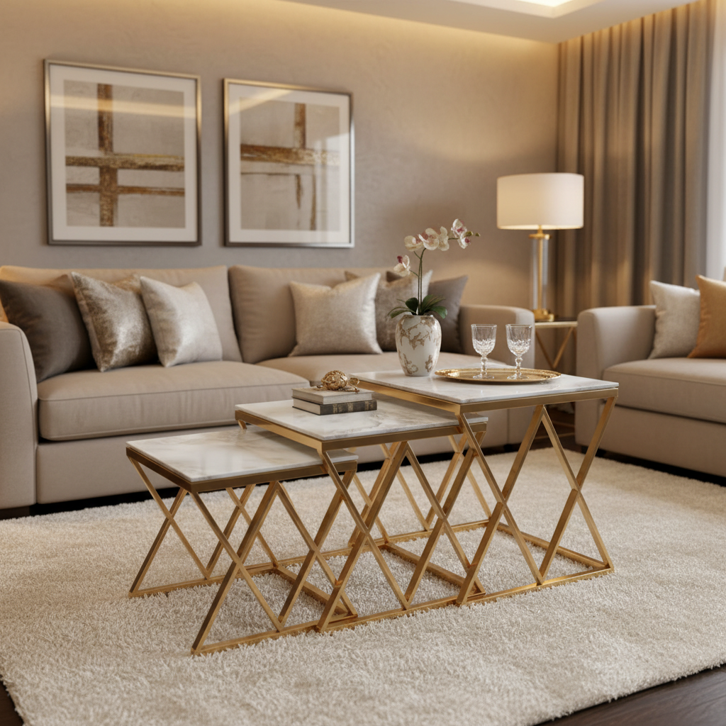 Lot de 3 tables gigognes guéridon marbre blanc métal doré triangles salon POP