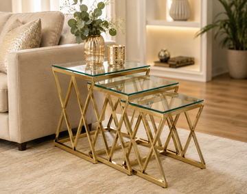 Lot de 3 tables gigognes verre trempé métal doré triangles #couleur_transparent