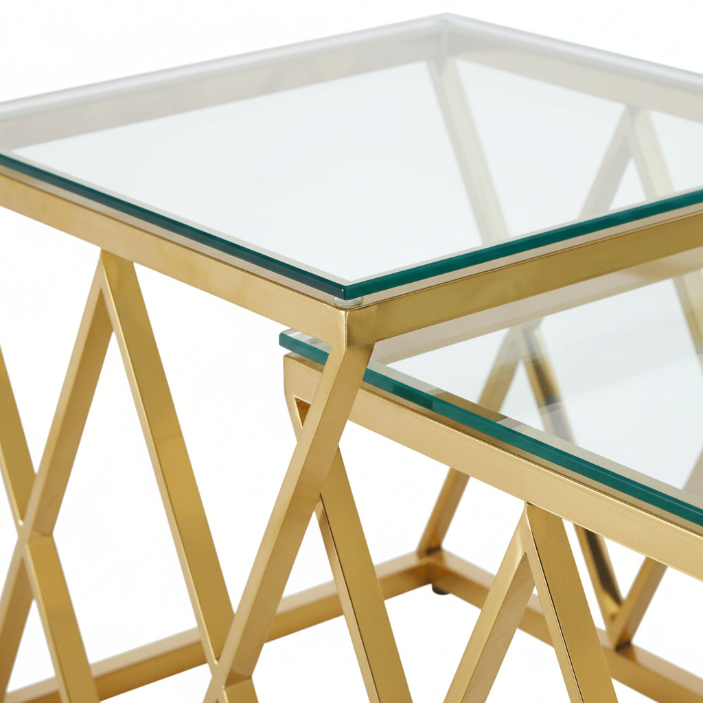 Lot de 3 tables gigognes verre trempé métal doré triangles #couleur_transparent
