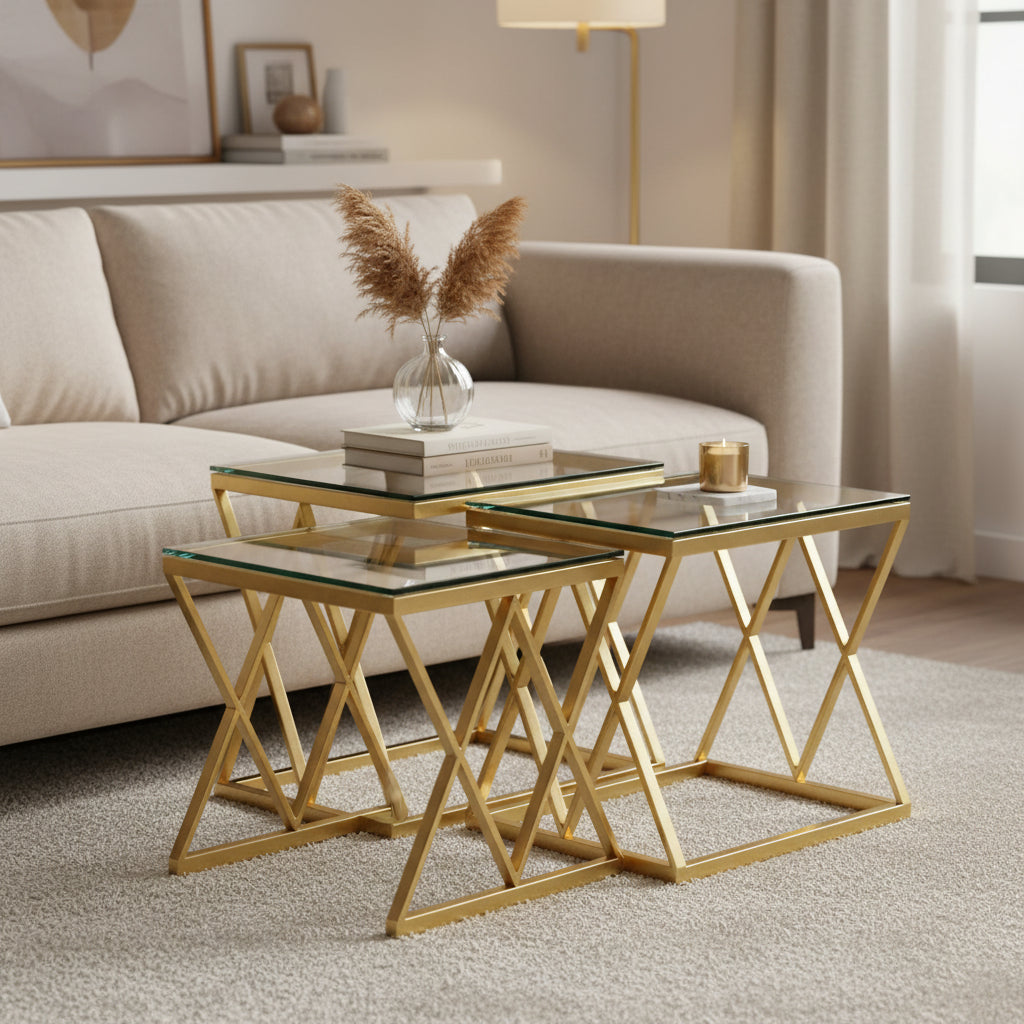 Lot de 3 tables gigognes verre trempé métal doré triangles #couleur_transparent