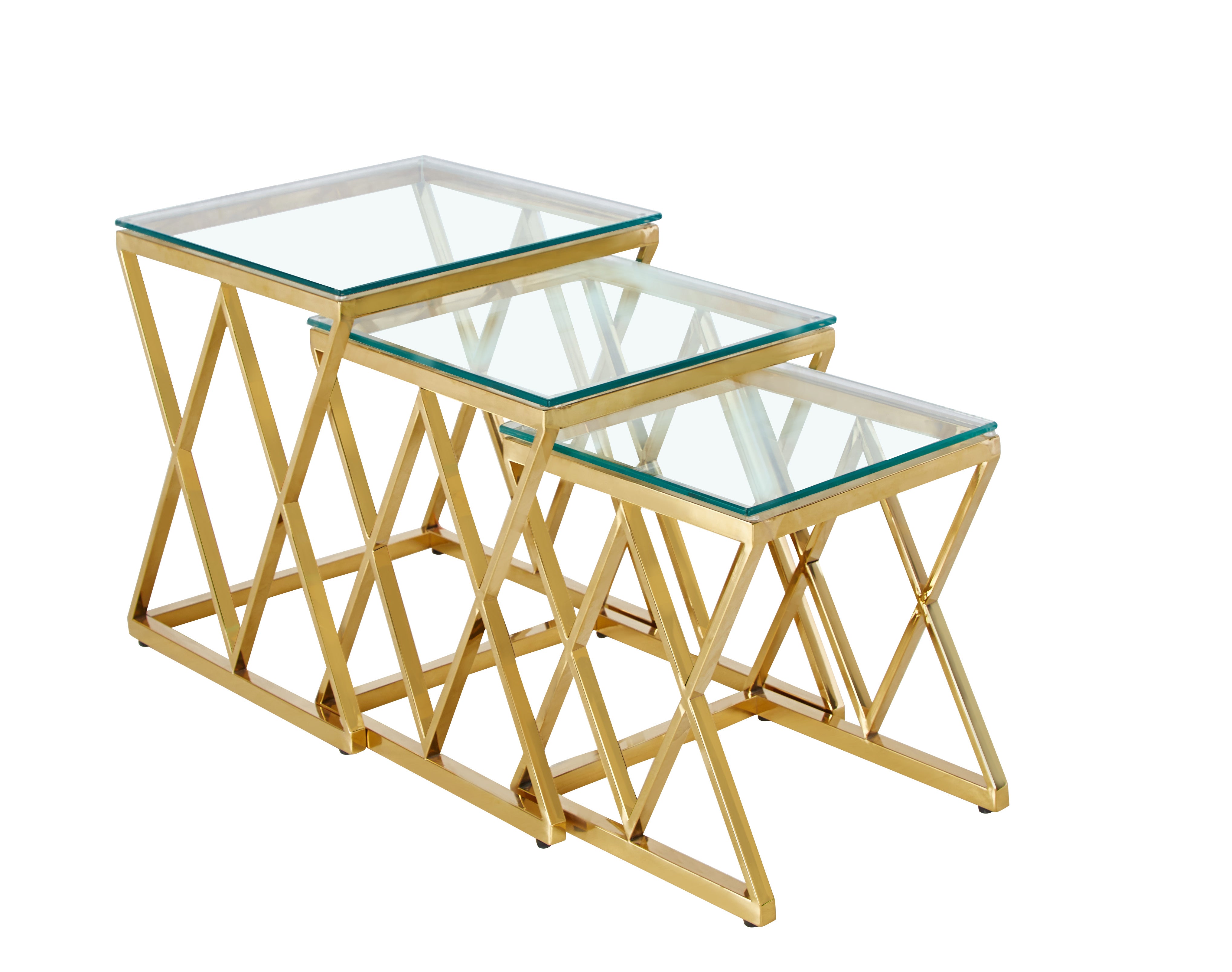Lot de 3 tables gigognes verre trempé métal doré triangles #couleur_transparent