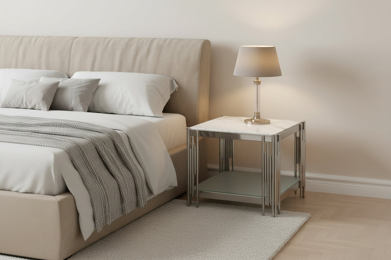 Guéridon FLÛTE Chrome Double Plateau #couleur_marbre_blanc