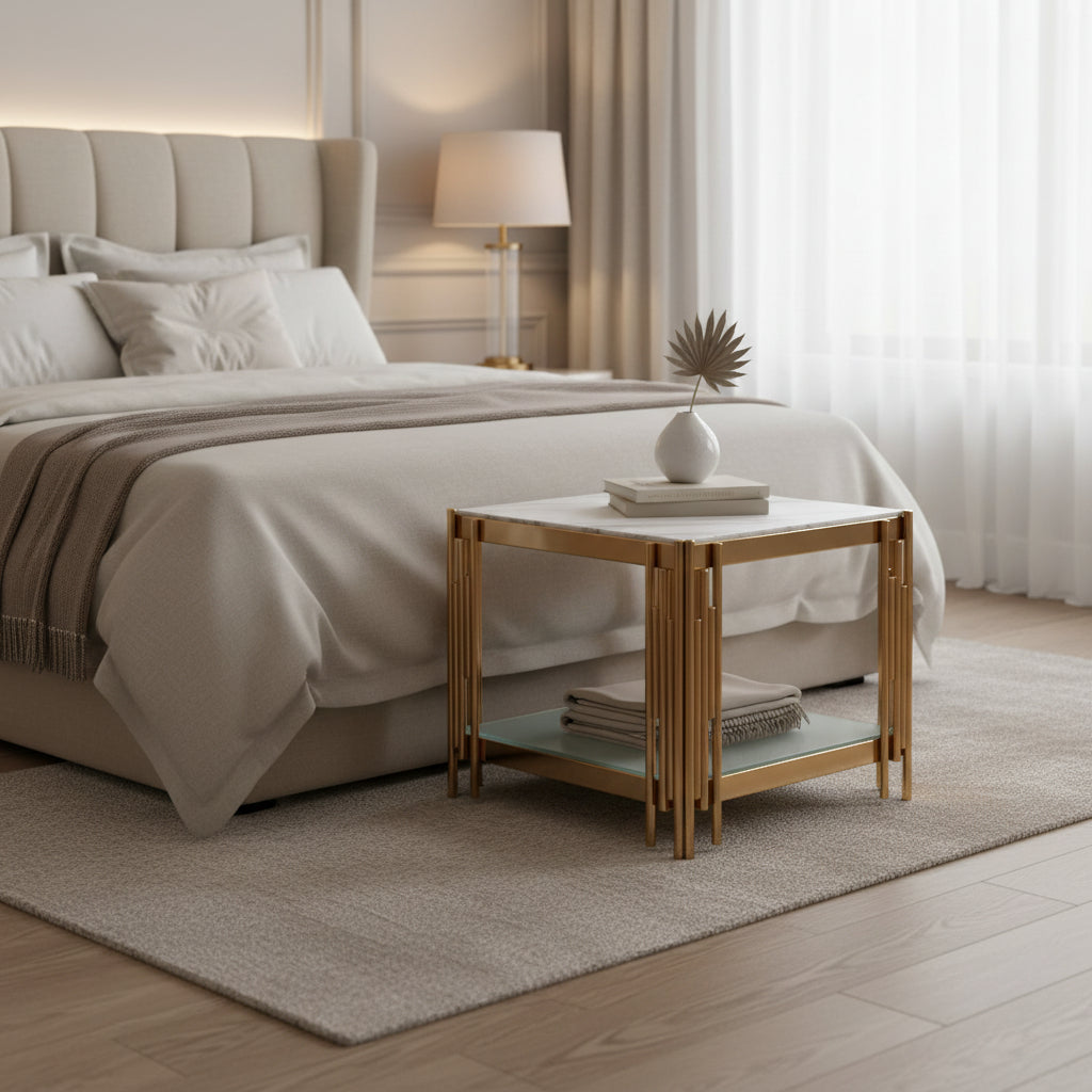 Guéridon FLÛTE Gold Double Plateau #couleur_marbre_blanc