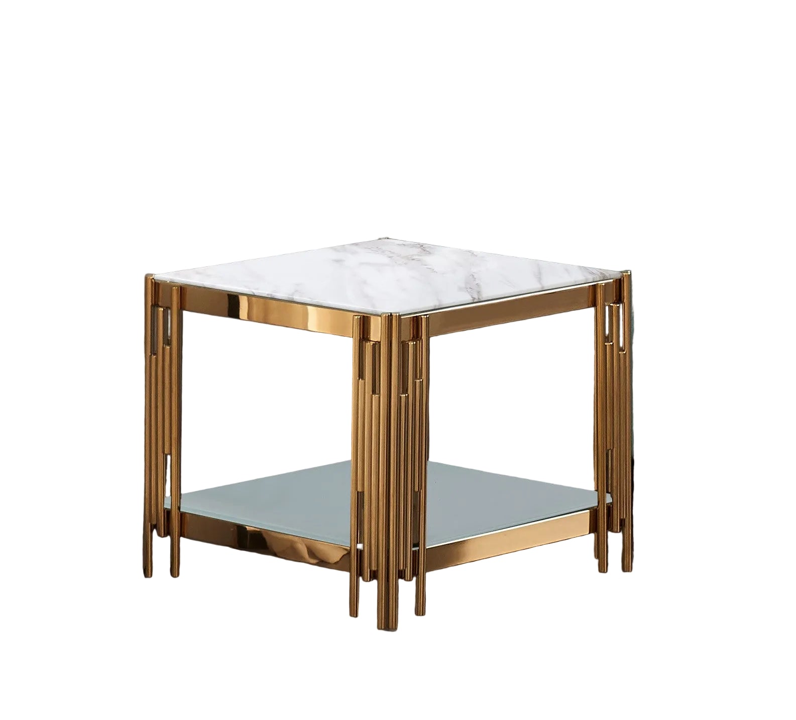 Guéridon bout de canapé double plateau marbre blanc doré FLUTE