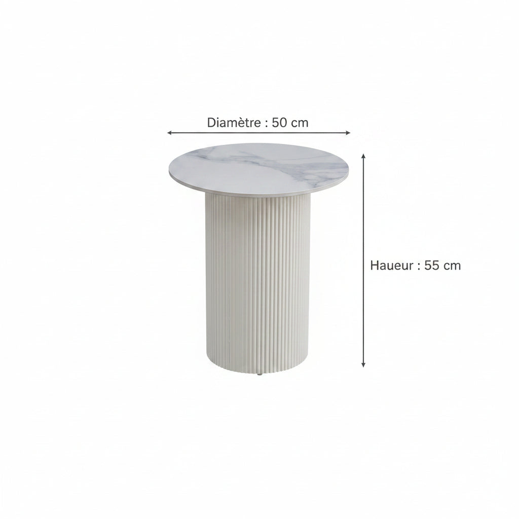 Guéridon bout de canapé rond marbre gris pied blanc