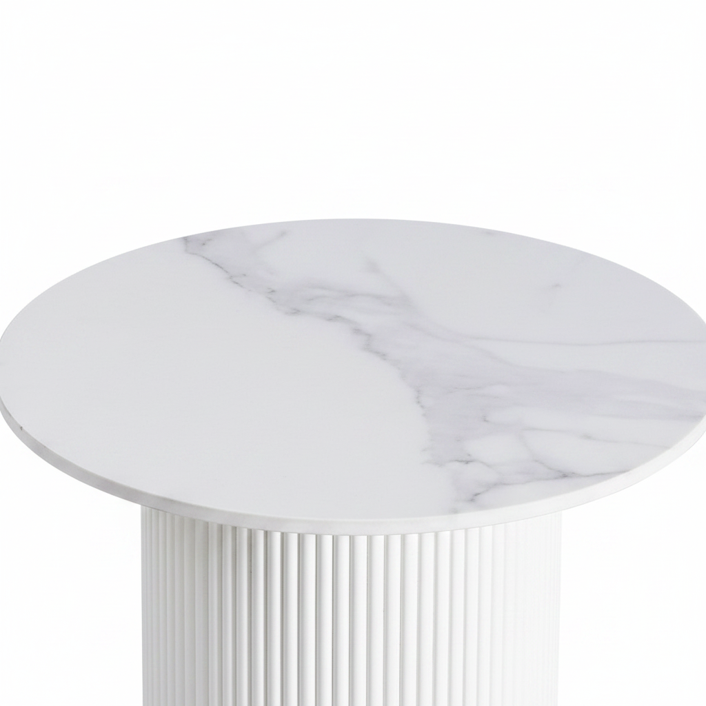 Guéridon bout de canapé rond marbre blanc pied beige
