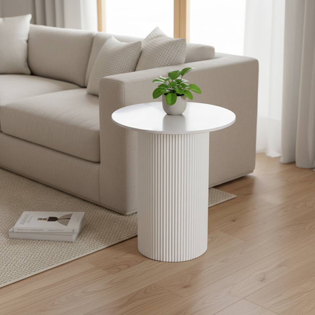 Guéridon bout de canapé rond marbre blanc pied beige