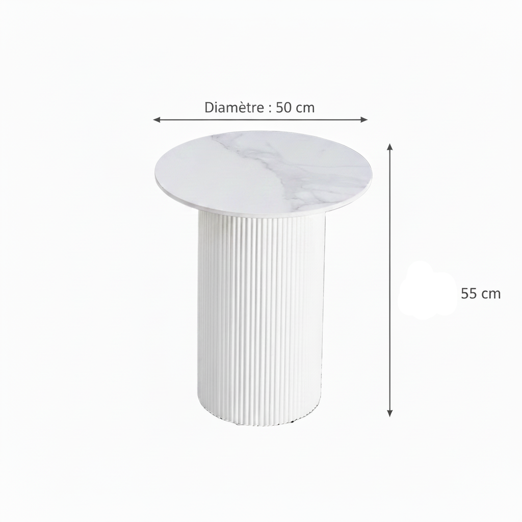 Guéridon bout de canapé rond marbre blanc pied beige