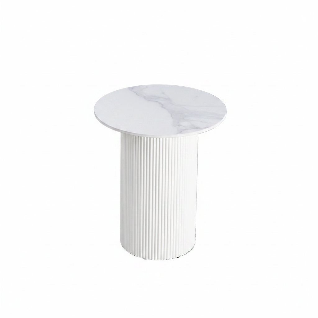 Guéridon bout de canapé rond marbre blanc pied beige