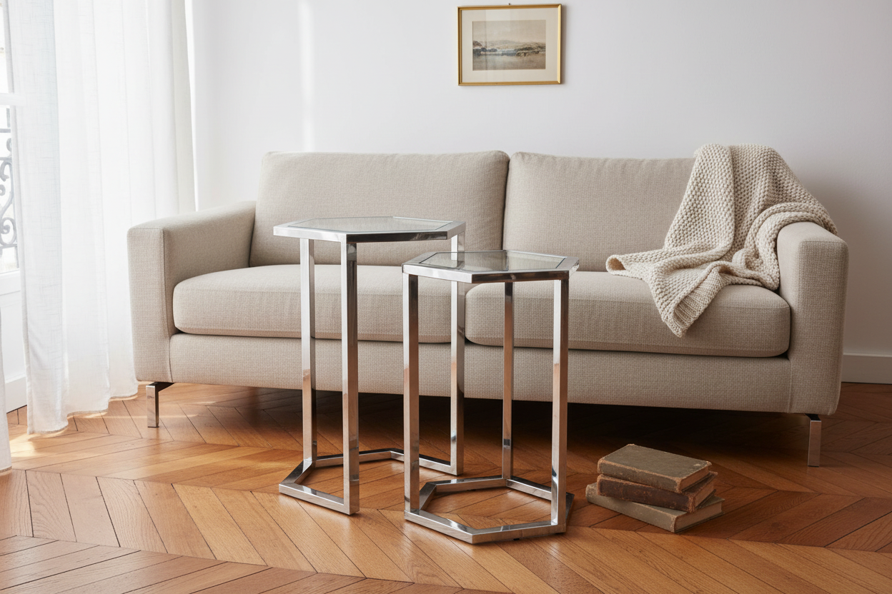 Set de 2 guéridons gigognes métal plateau verre trempé | forme hexagonale #couleur_transparent