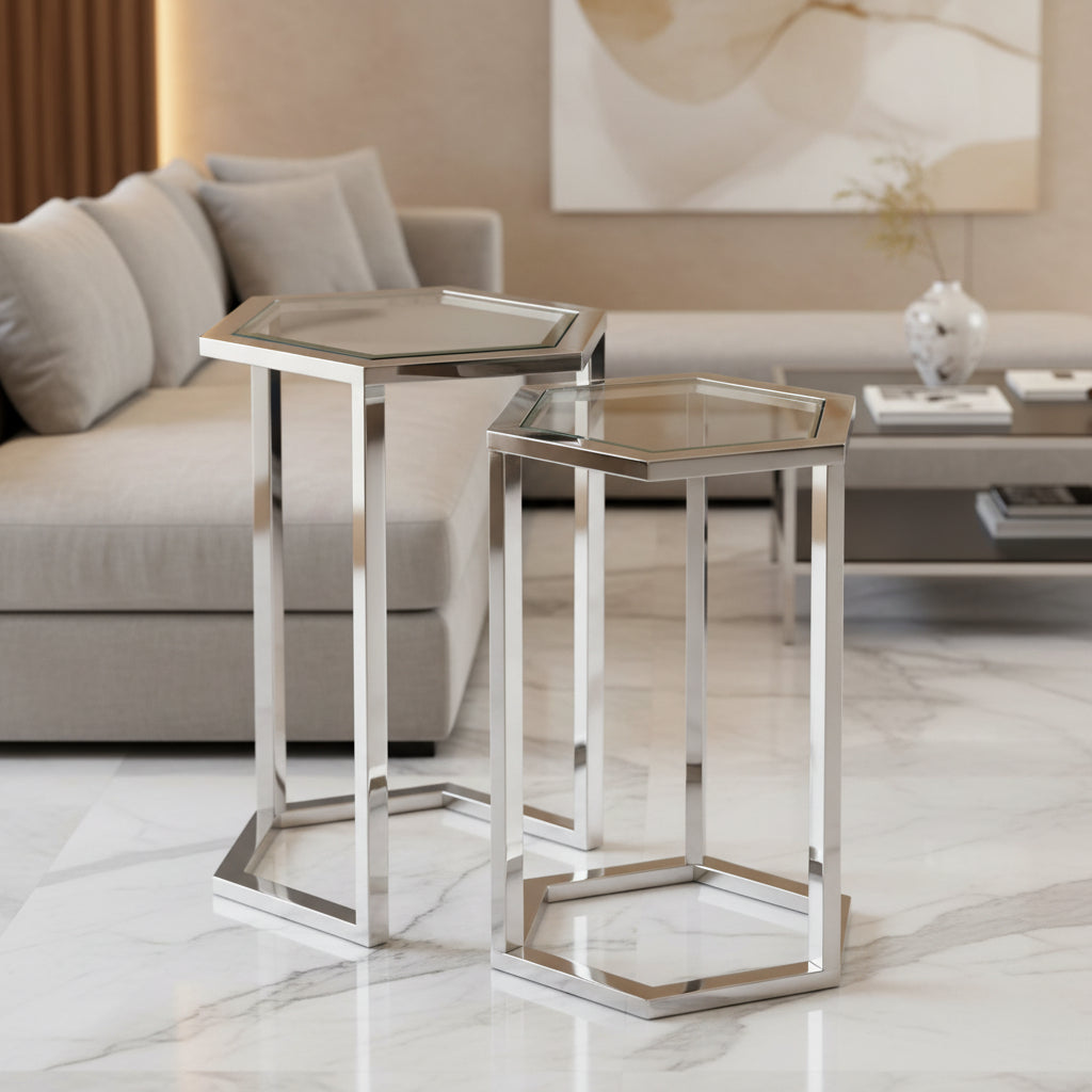 Set de 2 guéridons gigognes métal plateau verre trempé | forme hexagonale #couleur_transparent
