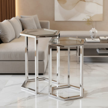 Set de 2 guéridons gigognes métal plateau verre trempé | forme hexagonale #couleur_transparent