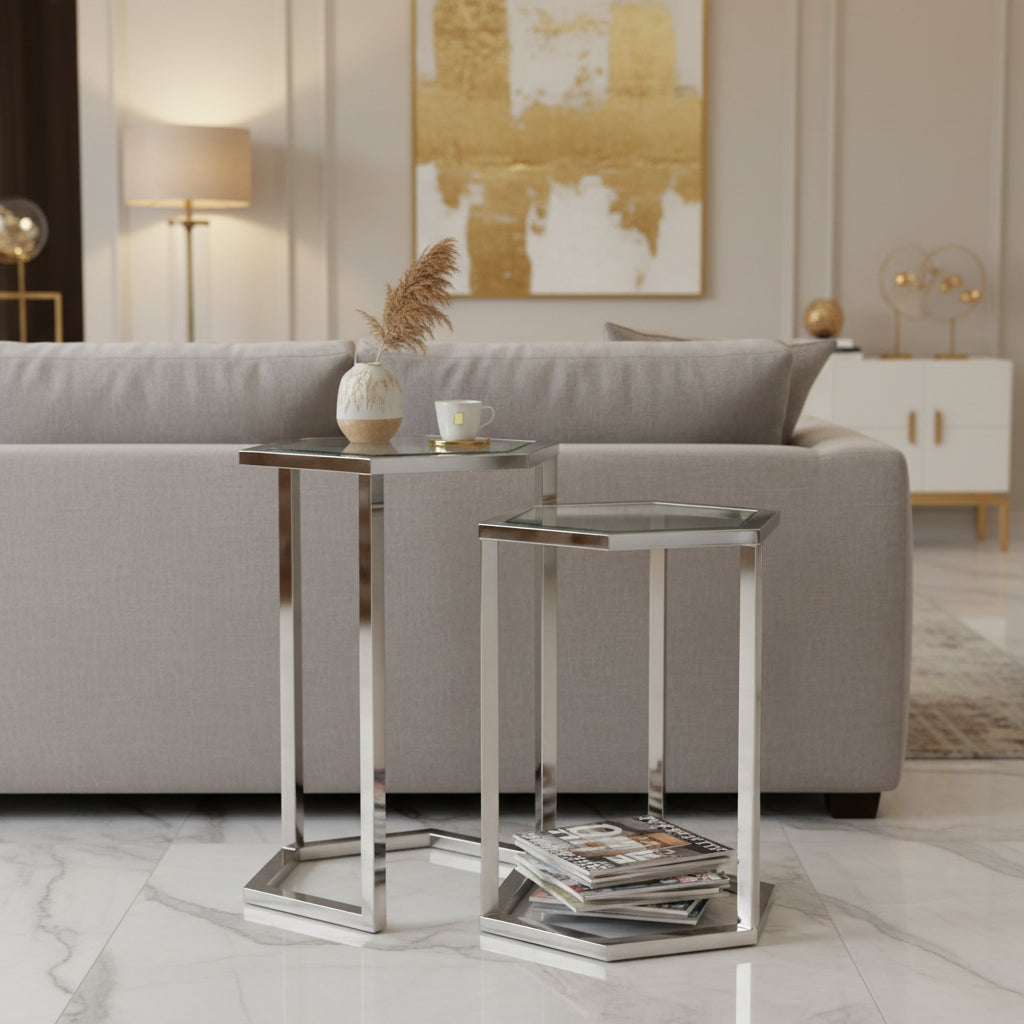 Set de 2 guéridons gigognes métal plateau verre trempé | forme hexagonale #couleur_transparent