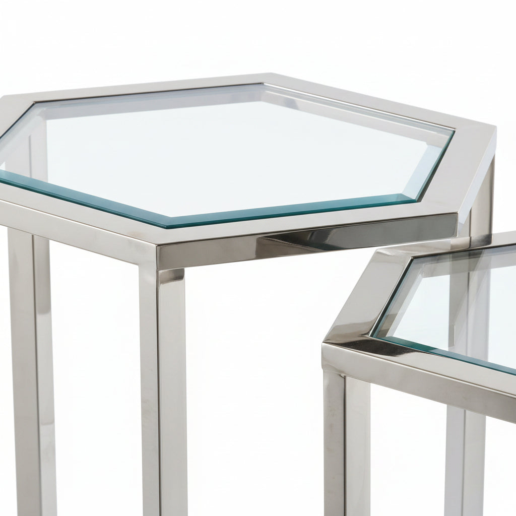 Set de 2 guéridons gigognes métal plateau verre trempé | forme hexagonale #couleur_transparent