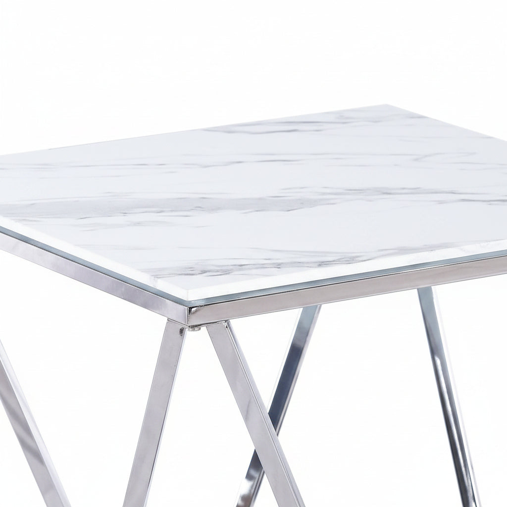 Bout de Canapé ALINA Chrome & Marbre Blanc – 50x50x56 cm