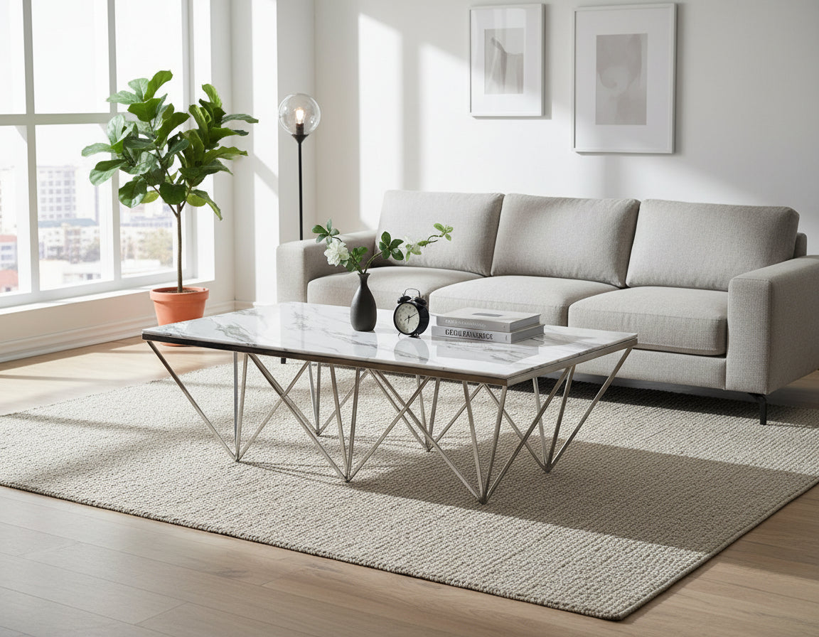 Table Basse GIZE Rectangle Plateau Verre Trempé Marbré Blanc Pieds Chrome 130x70x42cm