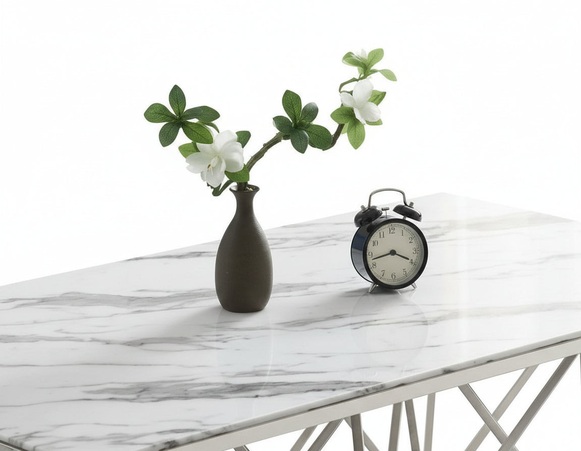 Table Basse GIZE Rectangle Plateau Verre Trempé Marbré Blanc Pieds Chrome 130x70x42cm
