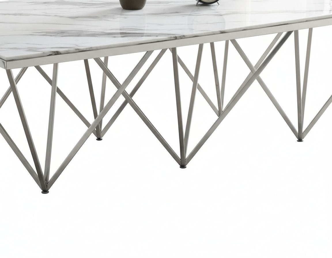 Table Basse GIZE Rectangle Plateau Verre Trempé Marbré Blanc Pieds Chrome 130x70x42cm
