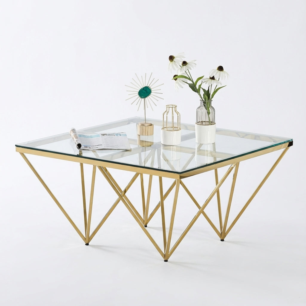 Table Basse Carrée GIZE Verre Trempé Transparent Pieds Gold 80x80x45cm