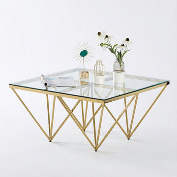 Table Basse Carrée GIZE Verre Trempé Transparent Pieds Gold 80x80x45cm