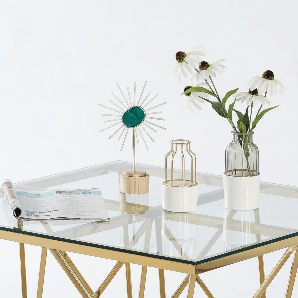 Table Basse Carrée GIZE Verre Trempé Transparent Pieds Gold 80x80x45cm