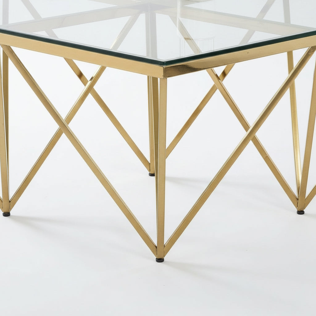 Table Basse Carrée GIZE Verre Trempé Transparent Pieds Gold 80x80x45cm