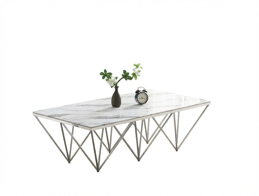 Table Basse GIZE Rectangle Plateau Verre Trempé Marbré Blanc Pieds Chrome 130x70x42cm