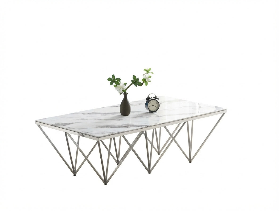 Table Basse GIZE Rectangle Plateau Verre Trempé Marbré Blanc Pieds Chrome 130x70x42cm