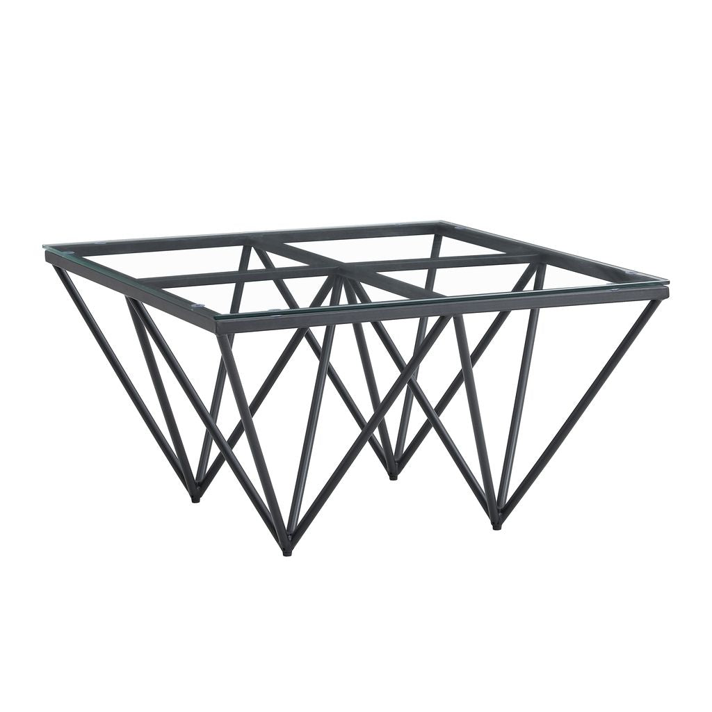 Table Basse Carrée GIZE Plateau Verre Trempé Transparent Pieds Métal Noir 80x80x45cm
