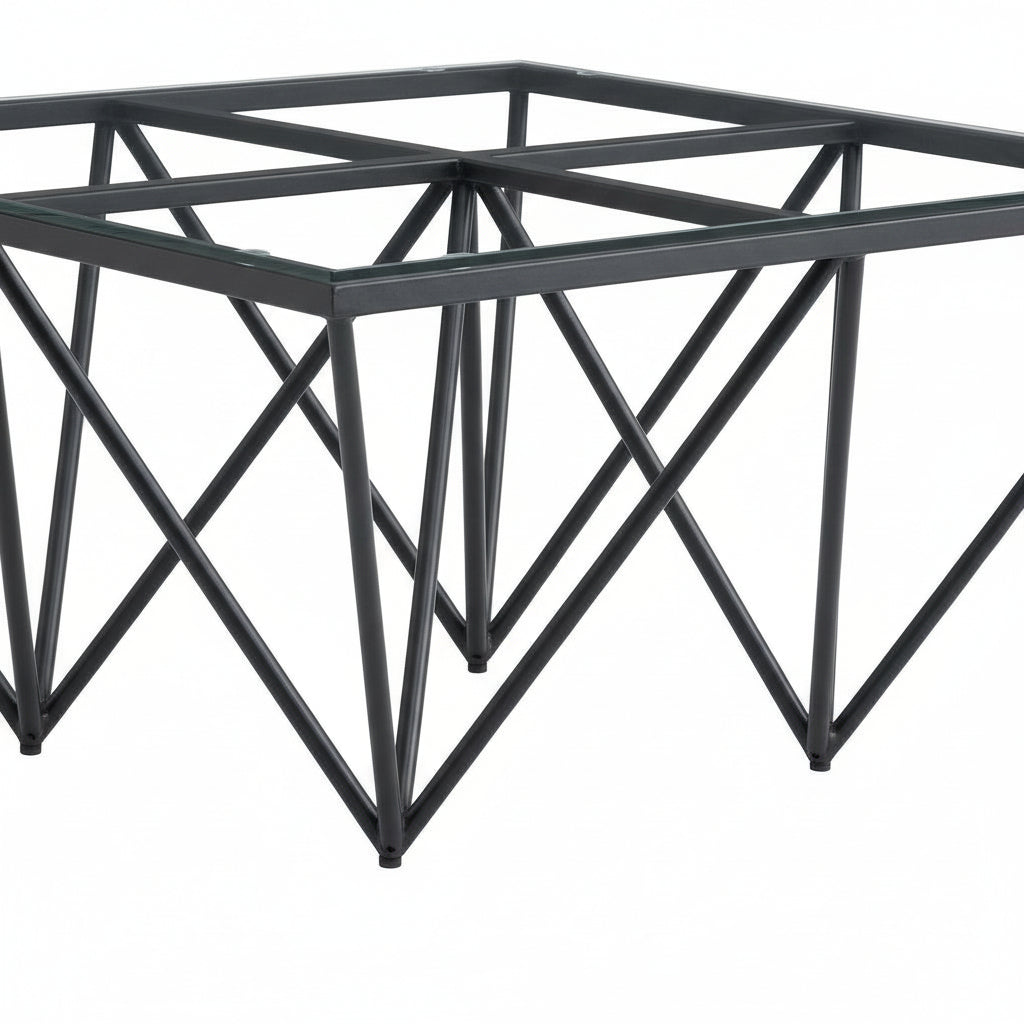 Table Basse Carrée GIZE Plateau Verre Trempé Transparent Pieds Métal Noir 80x80x45cm