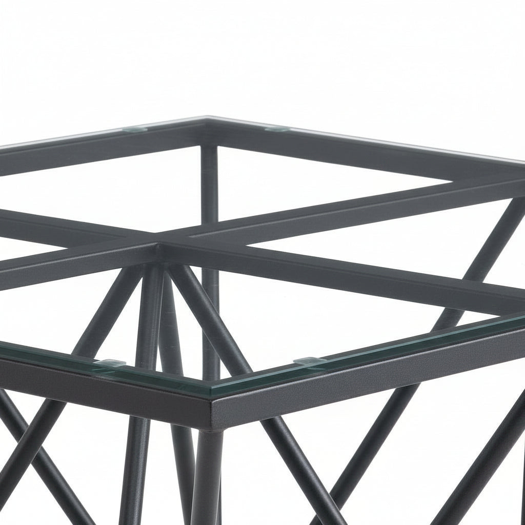 Table Basse Carrée GIZE Plateau Verre Trempé Transparent Pieds Métal Noir 80x80x45cm
