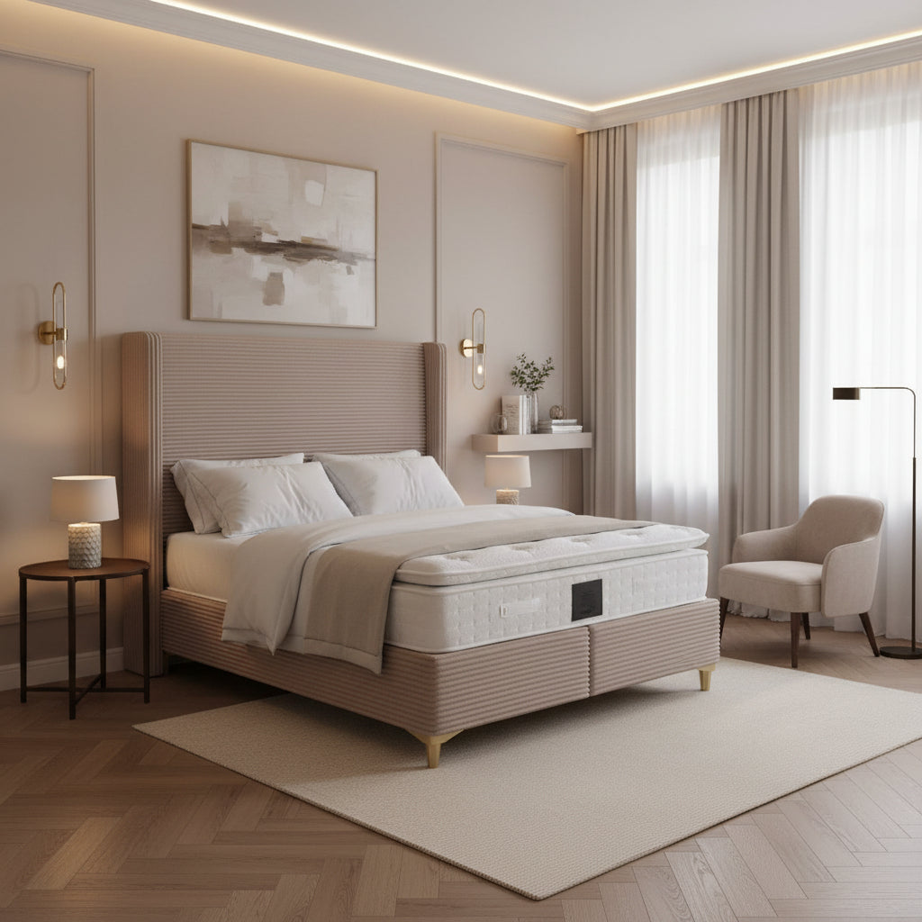 Lit coffre VENUS velours côtelé 140x190 cm avec planche #couleur_taupe