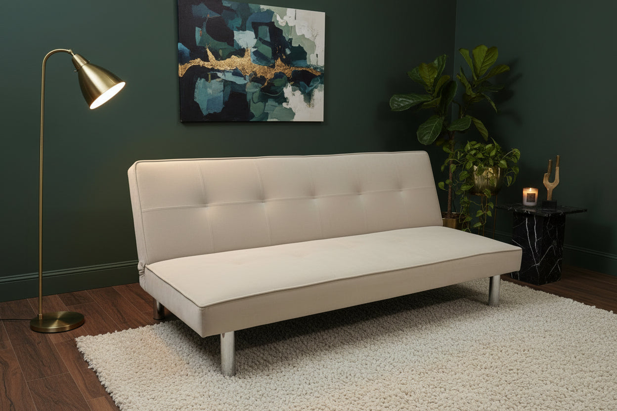 Banquette convertible clic-clac velours écru pieds chromés 180cm