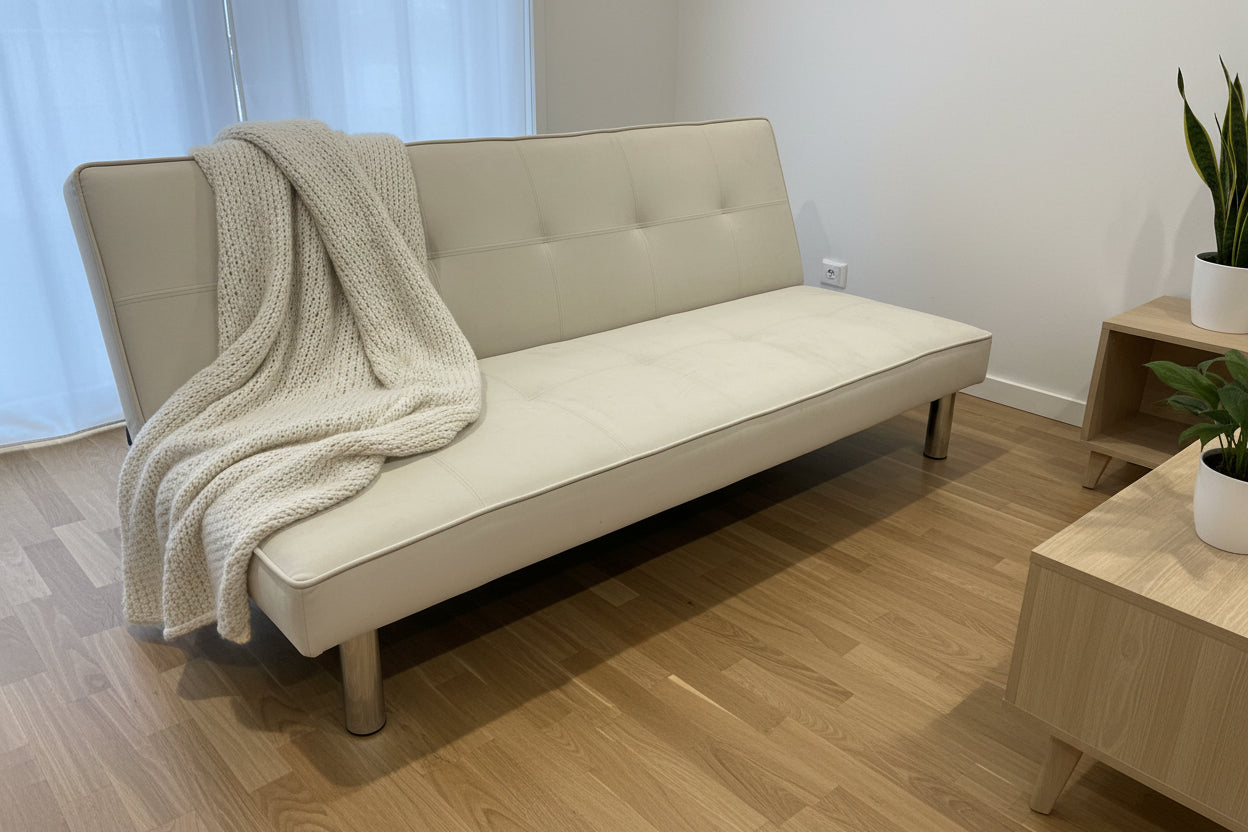 Banquette convertible clic-clac velours écru pieds chromés 180cm