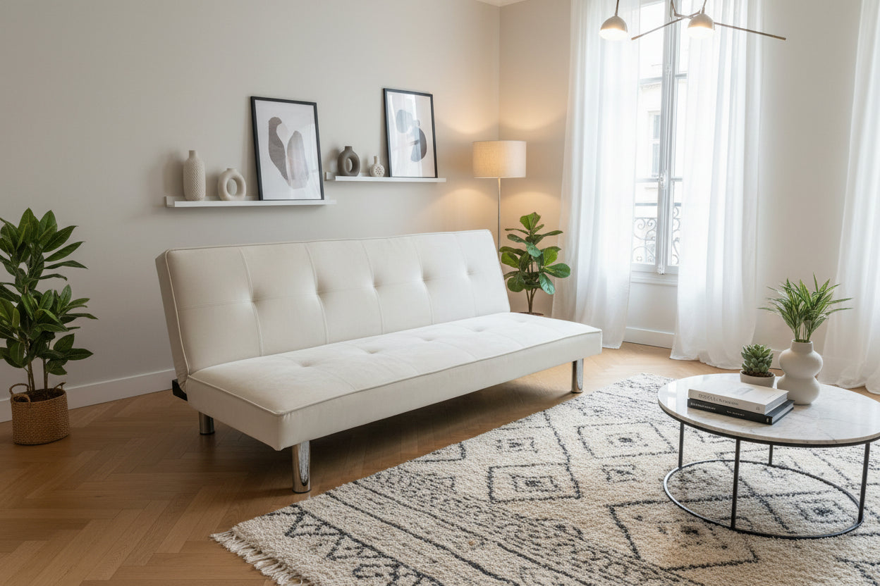 Banquette convertible clic-clac velours écru pieds chromés 180cm