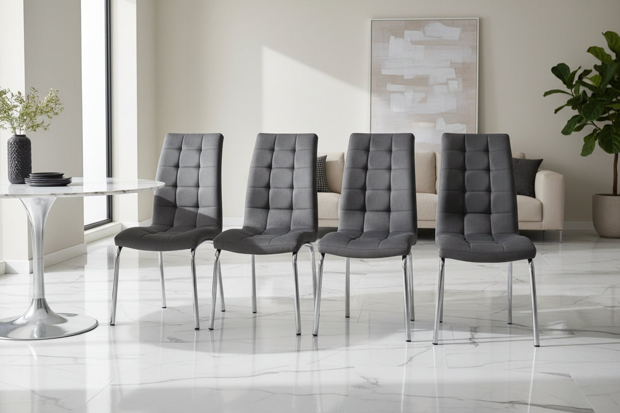 Lot 6 chaises salle à manger velours gris capitonné pieds chromés - Emma #couleur_gris