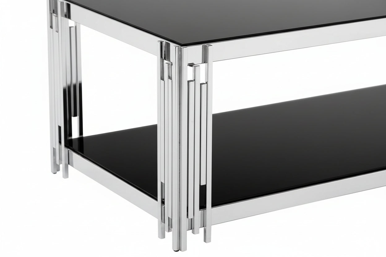 Table Basse FLUTE Rectangle Double Plateau Verre Trempé Noir Structure Chrome 120x60x45cm