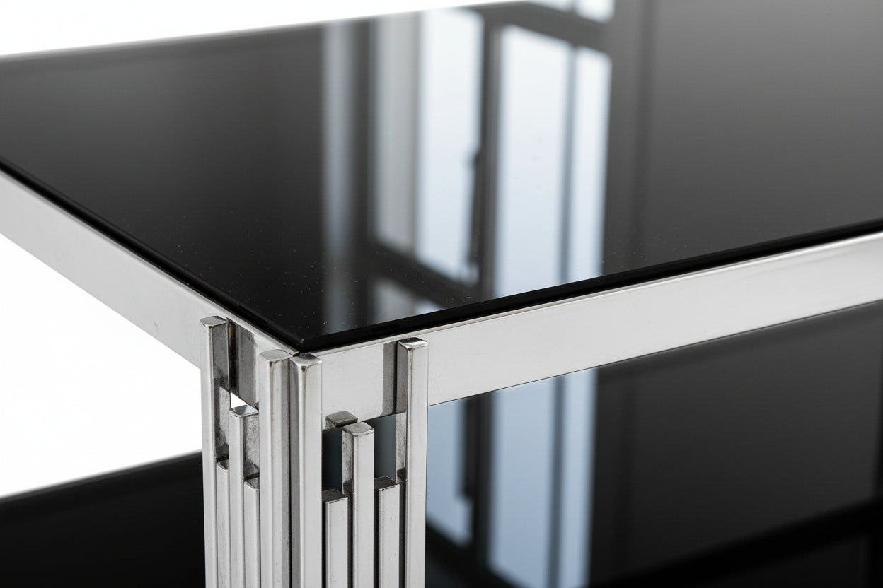 Table Basse FLUTE Rectangle Double Plateau Verre Trempé Noir Structure Chrome 120x60x45cm