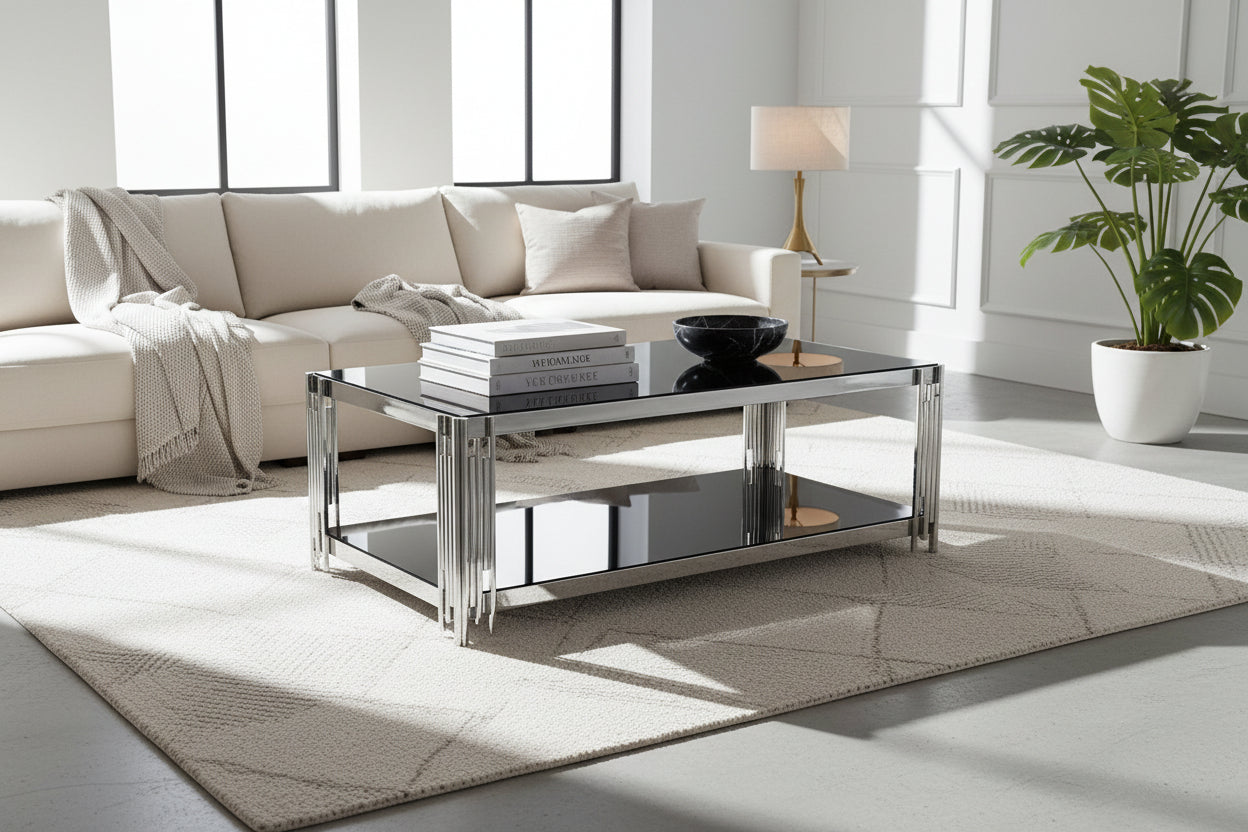 Table Basse FLUTE Rectangle Double Plateau Verre Trempé Noir Structure Chrome 120x60x45cm