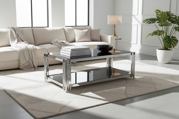 Table Basse FLUTE Rectangle Double Plateau Verre Trempé Noir Structure Chrome 120x60x45cm